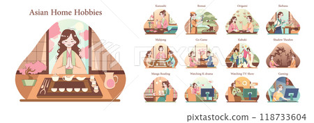 Asian people hobbies set. Characters enjoying their free time by doing leisure activities at home. Japanese woman and man in traditional clothes. Flat vector illustration 118733604