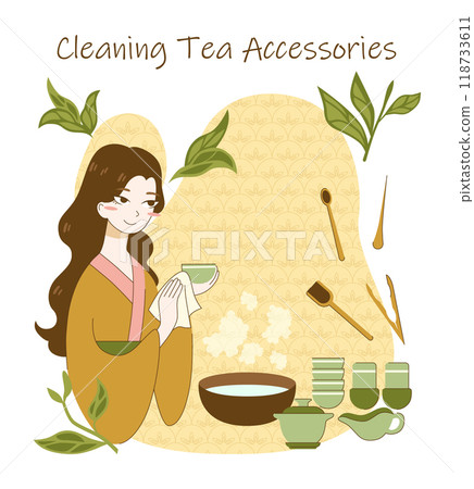Tea ceremony rules and process. Japanese or chinese female character in kimono cleaning green tea pot, cups and ceremony accessories. Traditional asian culture. Flat vector illustration Tea ceremony rules and process. Japanese or chinese female character in kimono cleaning green tea pot, cups and ceremony accessories. Traditional asian culture. Flat vector illustration 118733611