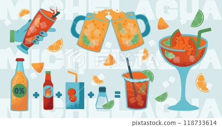 Michelagua or michelada set. Mexican drink made of beer, lime juice, chili sauce and spices. Glass of fresh nonalcoholic beverage or mocktail with lime and orange slices. Flat vector illustration 118733614