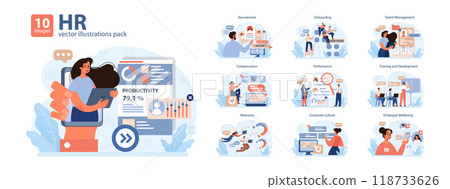 Human resources manager competencies set. Recruitment and personnel management. HR manager looking for a job candidate, maintaining employee wellbeing and performance. Flat vector illustration 118733626