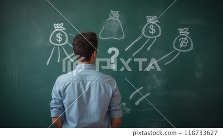 A man stands in front of a chalkboard with hand-drawn financial symbols representing money and cryptocurrency, contemplating investment options. 118733627