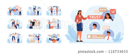 Company credibility set. Brand reputation based on customer loyalty and trust. Corporate public relations strategy. Security of data. Flat vector illustration 118733633