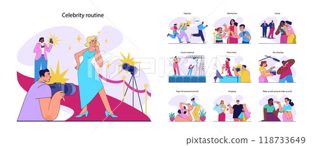 Celebrity routine set. Movie or music star, famous person work and life activities. Well-known female or male artist success. Flat vector illustration Celebrity routine set. Movie or music star, famous person work and life activities. Well-known female or male artist success. Flat vector illustration 118733649