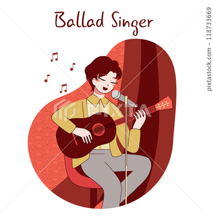 Chinese pop music. Ballad singer with a guitar singing to a microphone. Young performer on stage playing romance song. Flat vector illustration 118733669