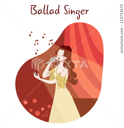 Chinese pop music. Ballad singer with a microphone. Young performer on stage singing romance song. Flat vector illustration 118733670