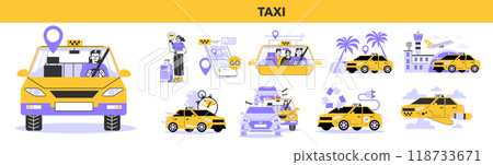 Taxi service set. Online taxi order in mobile application. Yellow taxi car or transfer. Idea of public city transportation. Flat vector illustration 118733671
