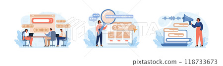 Voice search set. Artificial intelligence virtual assistant. Character speaking on microphone with browser request. Voice activated identification for digital security. Flat vector illustration 118733673