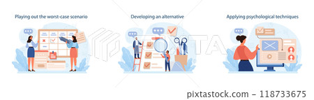 How to conduct difficult negotiation set. Business characters with opposite opinions coming up with mutual decision. Making a compromise in a difficult argument. Flat vector illustration 118733675