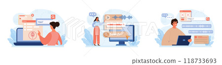 Voice search set. Artificial intelligence virtual assistant. Character speaking on microphone with browser request. Voice activated identification for digital security. Flat vector illustration Voice search set. Artificial intelligence virtual assistant. Character speaking on microphone with browser request. Voice activated identification for digital security. Flat vector illustration 118733693