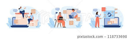 Online education set. Character study remotely using internet, online services, application or website. Idea of e-learning and gaining knowledge by modern online courses. Flat vector illustration Online education set. Character study remotely using internet, online services, application or website. Idea of e-learning and gaining knowledge by modern online courses. Flat vector illustration 118733698