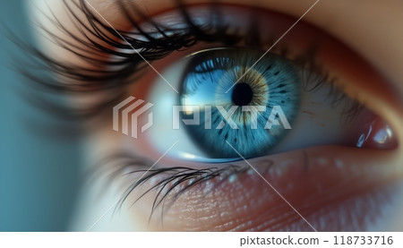 A detailed close-up of a blue eye with long eyelashes, showing the intricate iris pattern. The image is sharp and focuses on the eye's beauty. A detailed close-up of a blue eye with long eyelashes, showing the intricate iris pattern. The image is sharp and focuses on the eye's beauty. 118733716