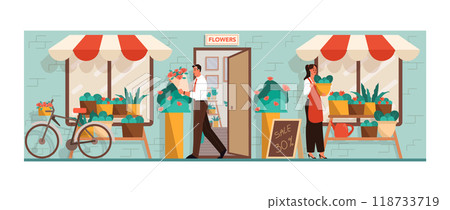 Flowershop exterior. Florist selling bouquets and taking care of plants. Female small business owner, store with fresh flowers in vases and pots. Flat vector illustration 118733719