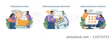 How to conduct difficult negotiation set. Business characters with opposite opinions coming up with mutual decision. Making a compromise in a difficult argument. Flat vector illustration 118733731