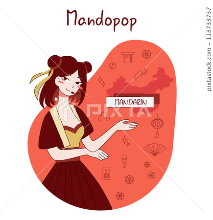 Chinese pop music. Musician singing with a microphone. Mandarin female singer. Mandopop performance. Flat vector illustration Chinese pop music. Musician singing with a microphone. Mandarin female singer. Mandopop performance. Flat vector illustration 118733737