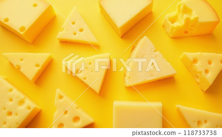 A variety of cheese pieces are arranged on a bright yellow background, showcasing different shapes and textures. The image is playful and vibrant. 118733738