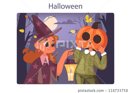 Halloween celebrating. Happy children wearing costume. Friends on a trick or treat party. Carnival decorations and pumpkin curving. Scary night traditions. Flat vector illustration 118733758