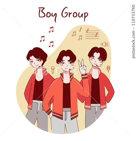 Chinese boy band. Asian pop group of singers, performimg on stage together. Popular musicians world tour. Flat vector illustration Chinese boy band. Asian pop group of singers, performimg on stage together. Popular musicians world tour. Flat vector illustration 118733760