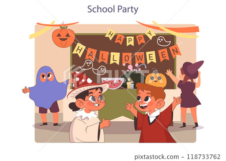Halloween celebrating. Happy children wearing costume. Friends on a school trick or treat party. Carnival decorations and pumpkins. Scary night tradition. Flat vector illustration Halloween celebrating. Happy children wearing costume. Friends on a school trick or treat party. Carnival decorations and pumpkins. Scary night tradition. Flat vector illustration 118733762