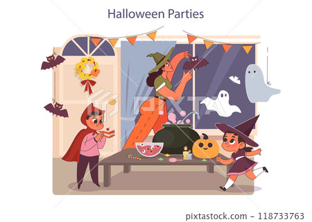 Halloween celebrating. Happy children wearing costume. Friends on a trick or treat party with carnival decorations and pumpkins. Scary night traditions. Flat vector illustration Halloween celebrating. Happy children wearing costume. Friends on a trick or treat party with carnival decorations and pumpkins. Scary night traditions. Flat vector illustration 118733763