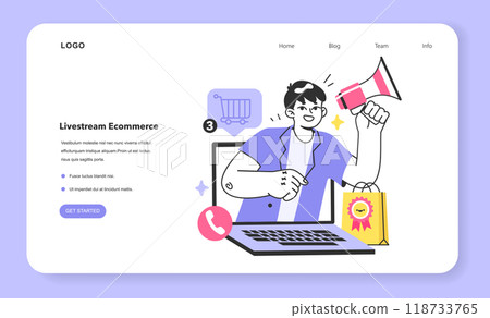 Livestream e-commerce web banner or landing page. Blogger live selling products on social media. Online video store or infomercial. Brand or product advertising. Flat vector illustration Livestream e-commerce web banner or landing page. Blogger live selling products on social media. Online video store or infomercial. Brand or product advertising. Flat vector illustration 118733765