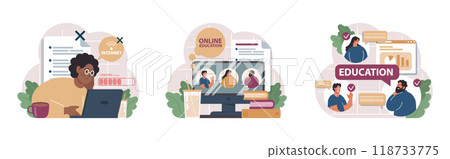 Online education set. Character study remotely using internet, online services, application or website. Idea of e-learning and gaining knowledge by modern online courses. Flat vector illustration 118733775