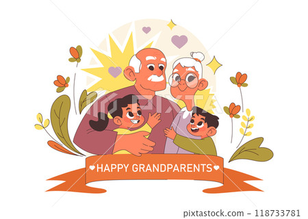 International grandparents day. Elderly people with grandchildren. Grandmother and grandfather celebrating a holiday on July 23th. Flat vector illustration 118733781