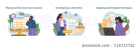 How to conduct difficult negotiation set. Business characters with opposite opinions coming up with mutual decision. Making a compromise in a difficult argument. Flat vector illustration 118733782