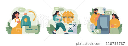 Conscious consumption set. Character with eco-friendly life-style. Sustainable practice in the daily life. Zero waste and recycling. Flat vector illustration 118733787