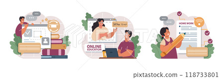 Online education set. Character study remotely using internet, online services, application or website. Idea of e-learning and gaining knowledge by modern online courses. Flat vector illustration 118733801