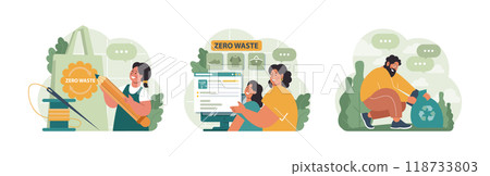 Conscious consumption set. Character with eco-friendly life-style. Sustainable practice in the daily life. Zero waste and recycling. Flat vector illustration 118733803