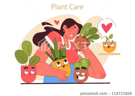 House plant care tips. Character enjoy gardening taking care of potted house plants. Modern agricultural hobby, urban farming advice. Flat vector illustration 118733806