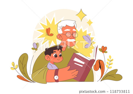 International grandparents day. Elderly man reading a book with a grandson. Retired old man reading a fairytale. Grandfather celebrating a holiday on July 23th. Flat vector illustration 118733811