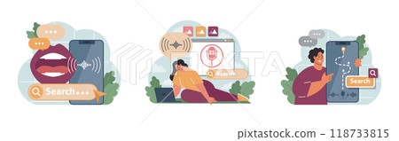 Voice search set. Artificial intelligence virtual assistant. Character speaking on microphone with browser request. Voice activated identification for digital security. Flat vector illustration 118733815