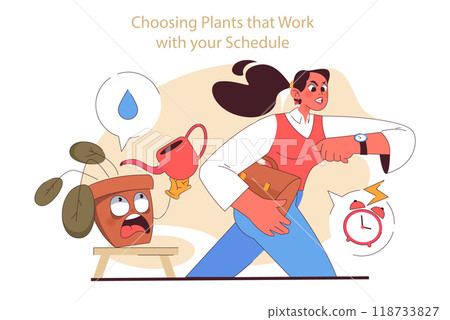 House plant care tips. Character can't take care of potted flower because of busy schedule. Dried and unhealthy potted plant. Bad care, cultivation failure. Flat vector illustration 118733827
