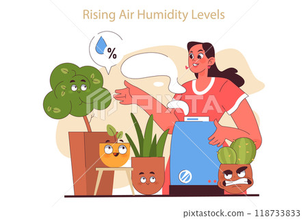 Raising air humidity level for house plant care. Character enjoy gardening taking care of potted house plants. Modern agricultural hobby, urban farming advice. Flat vector illustration 118733833