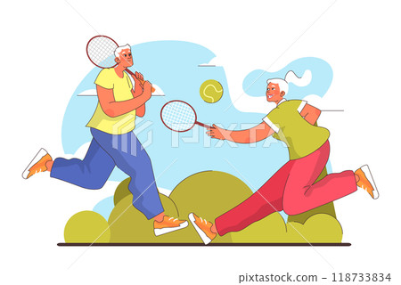Healthy and active lifestyle. Senior female and male characters enjoying being outside, playing badminton in the city park. Summer leisure. Flat vector illustration 118733834