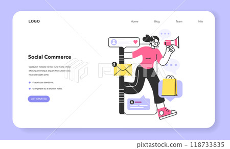 Social media commerce web banner or landing page. E-commerce platform. Brand advertisement and selling with social network account. Targeted audience communication. Flat vector illustration 118733835