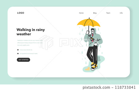 Male character under the rain web banner or landing page. Rainy and cloudy weather in summer or spring. Guy walking outdoor under umbrella. Flat vector illustration 118733841