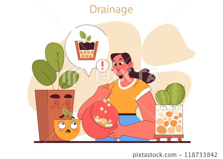 House plant care tips. Character enjoy gardening taking care of potted house plants with a drainage. Proper watering and soil humidity, urban farming advice. Flat vector illustration House plant care tips. Character enjoy gardening taking care of potted house plants with a drainage. Proper watering and soil humidity, urban farming advice. Flat vector illustration 118733842