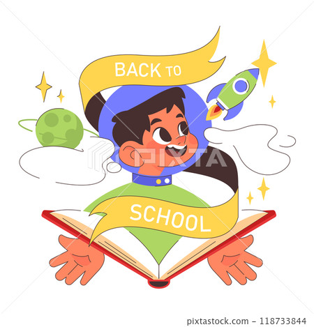 Back to school. Children doing school subject research. Happy boy reading a textbook. Multidisciplinary studying, academic knowledge gaining. Flat vector illustration Back to school. Children doing school subject research. Happy boy reading a textbook. Multidisciplinary studying, academic knowledge gaining. Flat vector illustration 118733844