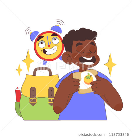 Back to school. Children doing school subject research. Happy little boy having lunch eating a sandwich. Multidisciplinary studying, academic knowledge gaining. Flat vector illustration Back to school. Children doing school subject research. Happy little boy having lunch eating a sandwich. Multidisciplinary studying, academic knowledge gaining. Flat vector illustration 118733846
