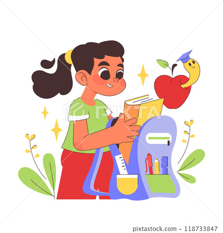 Back to school. Children doing school subject research. Happy girl taking a textbook from her backpack. Multidisciplinary studying, academic knowledge gaining. Flat vector illustration 118733847