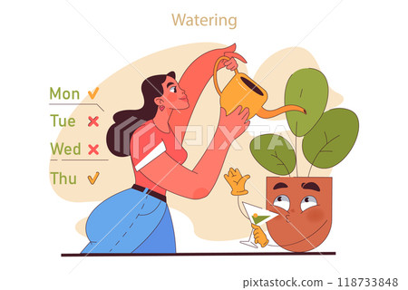 House plant care tips. Character enjoy gardening taking care and watering potted house plants. Modern agricultural hobby, urban farming advice. Flat vector illustration 118733848