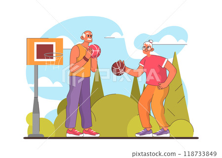 Healthy and active lifestyle. Senior people playing basketball game. Elderly characters in a sportswear play with a ball. Flat vector illustration. 118733849
