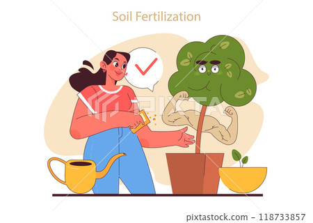 House plant care tips. Character enjoy gardening taking care of potted house plants. Soil fertilization, urban farming advice. Flat vector illustration 118733857