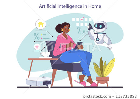 Artificial intelligence technologies. Smart house system, iot appliances, security equipment and virtual assistance. Internet of things application. Flat vector illustration Artificial intelligence technologies. Smart house system, iot appliances, security equipment and virtual assistance. Internet of things application. Flat vector illustration 118733858
