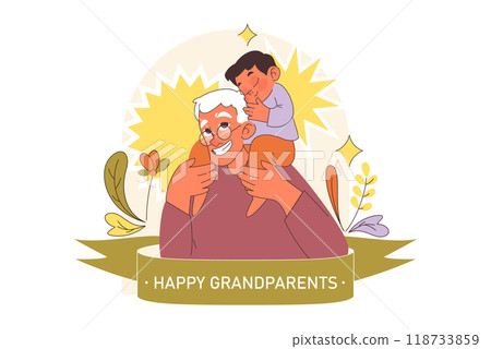 International grandparents day. Elderly man with a grandson. Old man holding a little boy on his shoulders. Grandfather celebrating a holiday on July 23th. Flat vector illustration International grandparents day. Elderly man with a grandson. Old man holding a little boy on his shoulders. Grandfather celebrating a holiday on July 23th. Flat vector illustration 118733859
