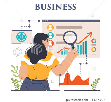 Business development set. Entrepreneurship success and growth strategy. Management, planning and competitor analysis. Company innovations for career progress. Flat vector illustration 118733900