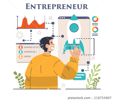 Entrepreneur. Successful business leader launching and managing a company. Idea of leadership and career achievement. Flat vector illustration 118733907