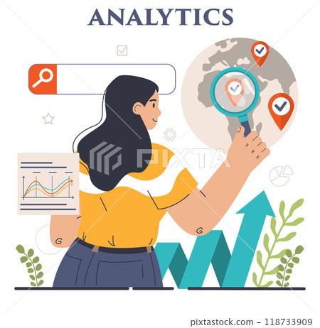 Business analytics. Data examination and strategy development. Financial operation optimization, market research and statistics processing. Flat vector illustration 118733909